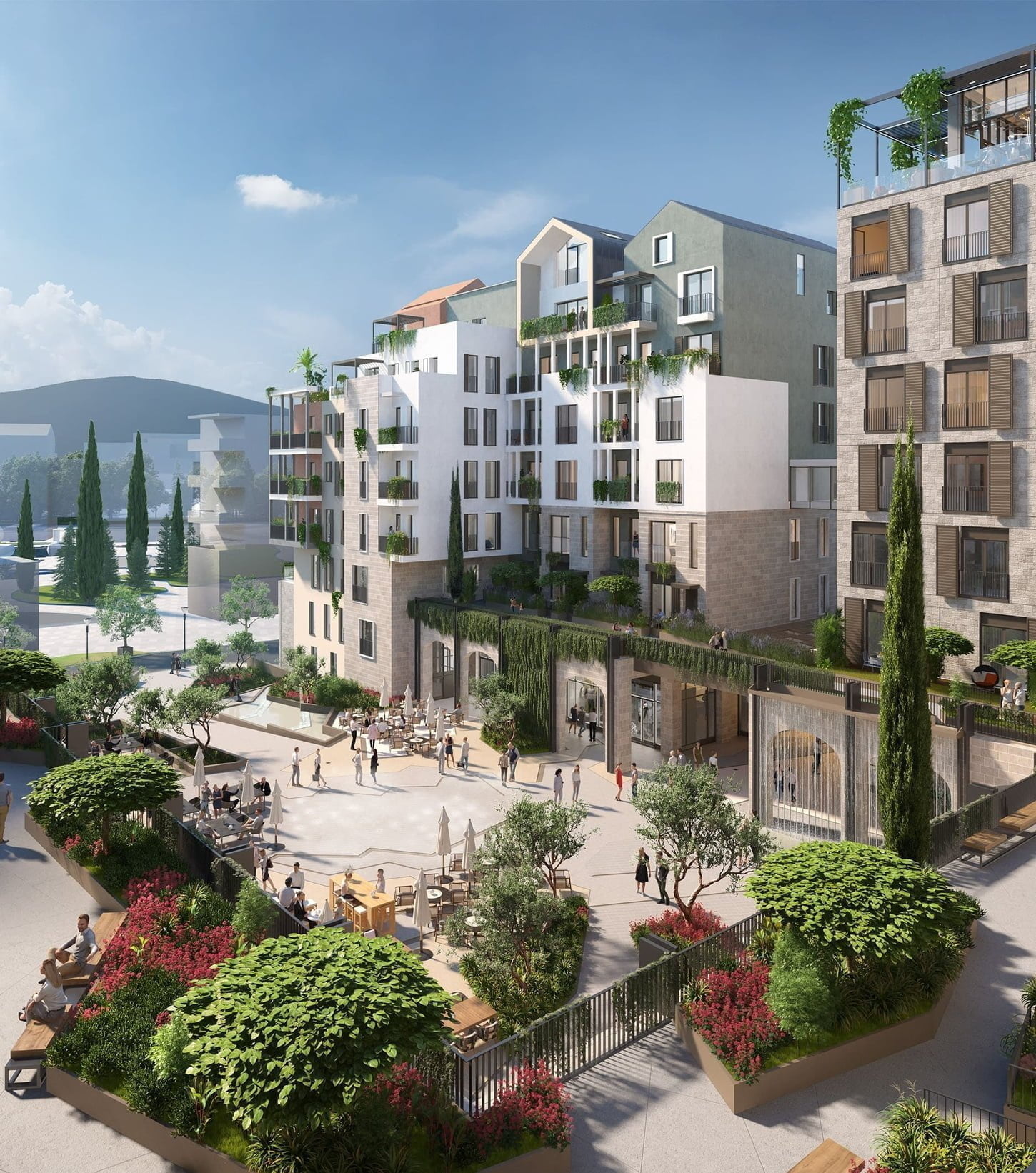 Architectural rendering of a vibrant residential area with modern apartment buildings surrounded by greenery, communal outdoor spaces, and people socialising in a sunlit square.