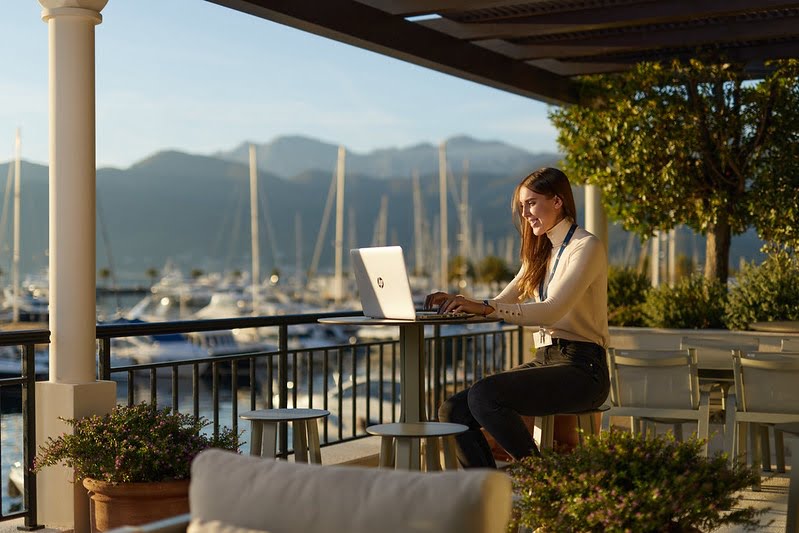 Girl working in the marina