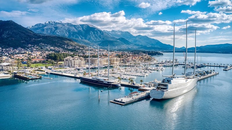 Aerial view of superyacht marina
