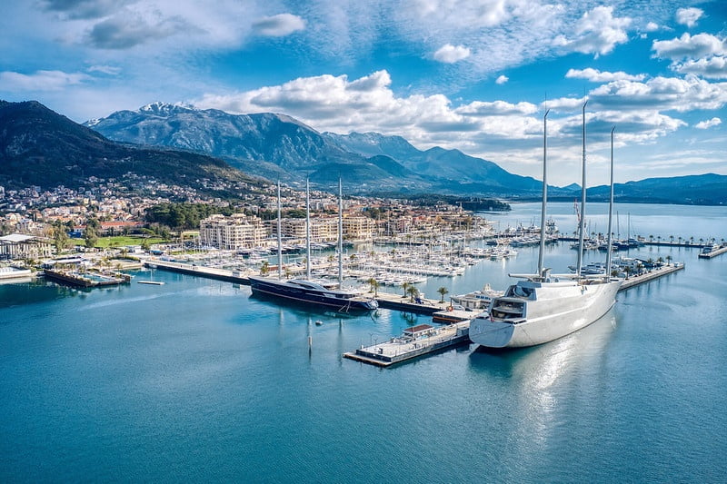 Aerial view of superyacht marina