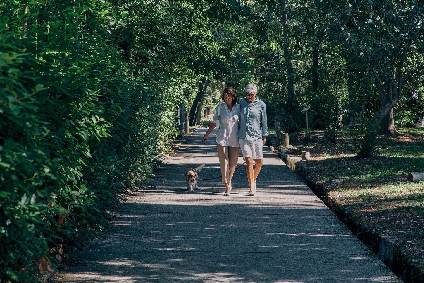 couple walking their dog