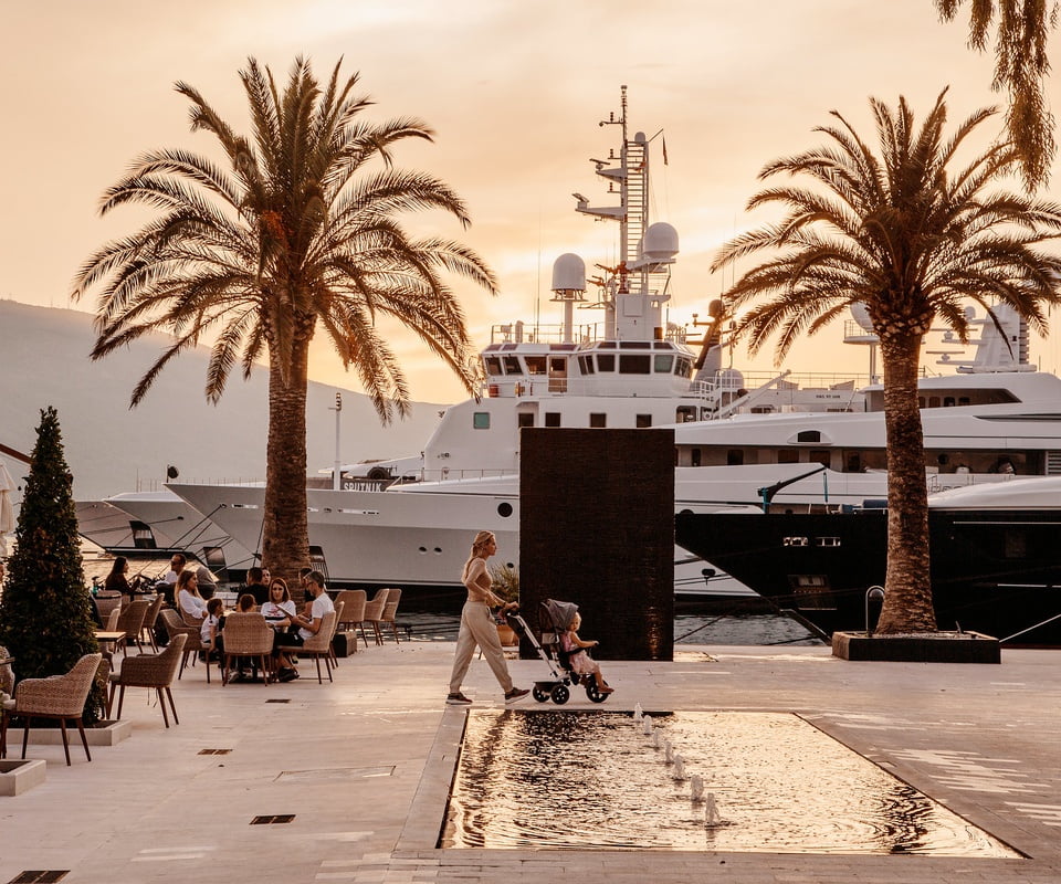 Terrace overlooking marina at sunset