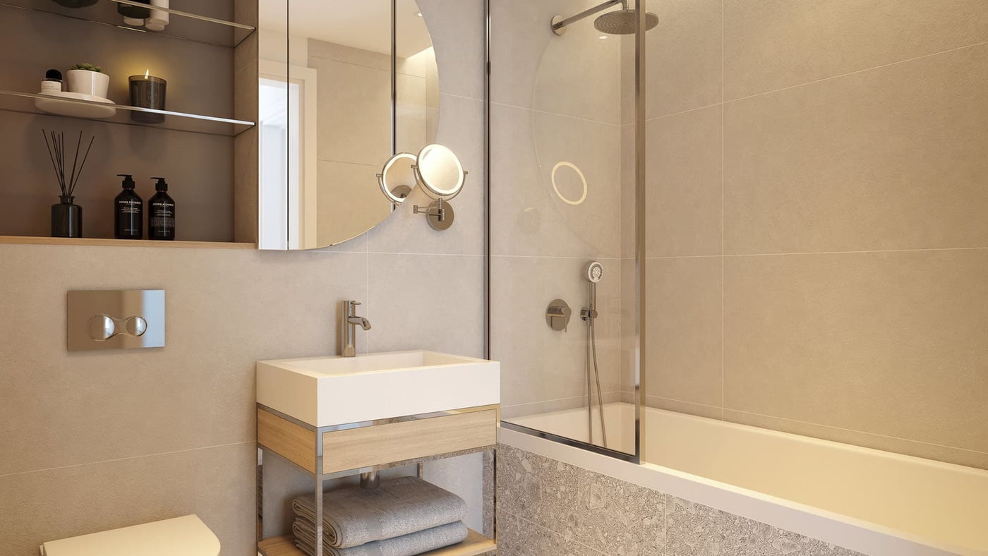 Modern bathroom with neutral tones featuring a square basin vanity, a large mirror and a full bathtub with glass partition.
