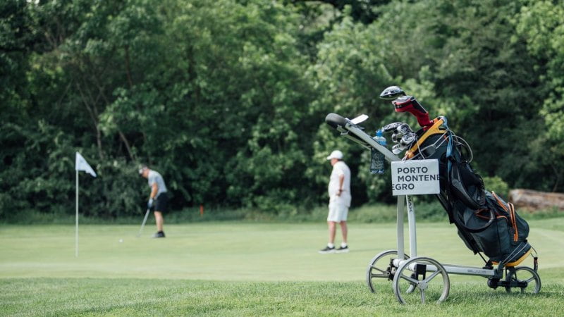 Golf field wit players and bag