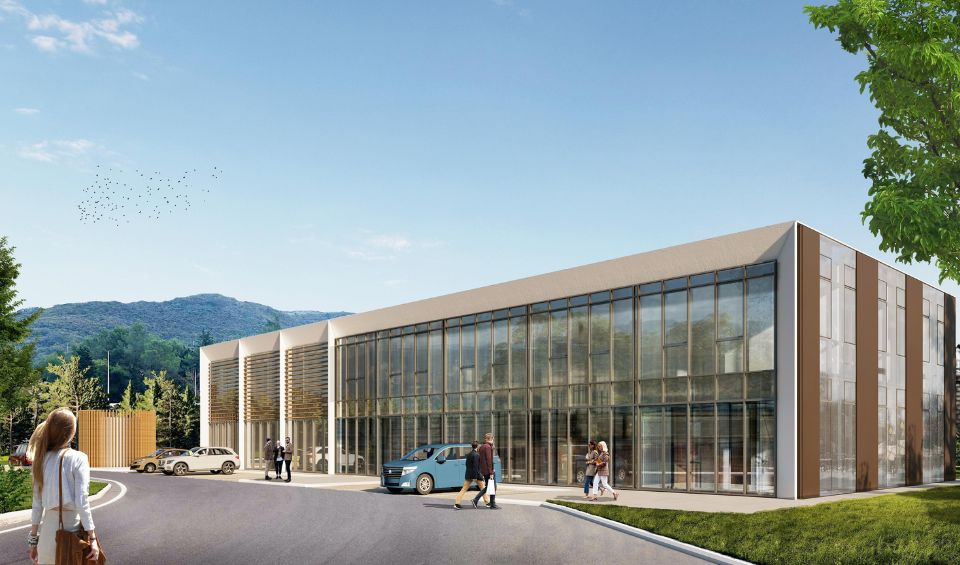 Architectural masterpiece, featuring a contemporary design with expansive glass windows and surrounded by lush landscaping, creating a perfect blend of nature and innovation.