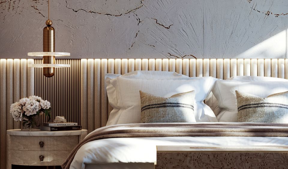 Close-up of a sophisticated bedroom in AERIS - Porto Montenegro, showcasing an artistic world map on the wall, a chic bed with textured linens, and a unique pendant light, creating a serene and stylish ambiance