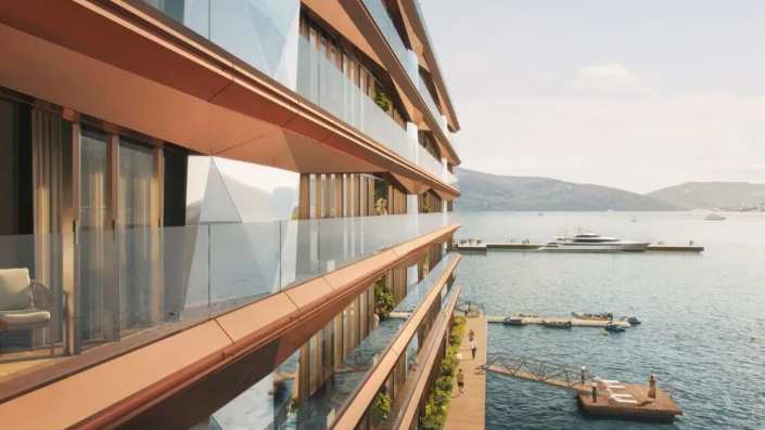 Panoramic sea view from the Aeris Residences in Porto Montenegro, showcasing modern architecture and luxurious waterfront living.