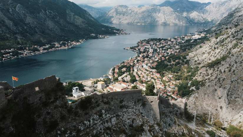 Panoramic view of Boka Kotorska, highlighting the stunning coastal landscape and prime investment opportunities in the region.