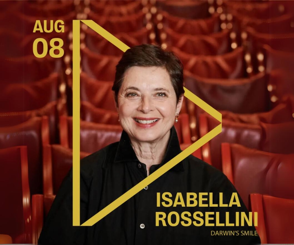 Poster for an event featuring Isabella Rossellini on August 08, showing her smiling and seated in an empty theater with red seats, with yellow text and graphics overlaying the image.