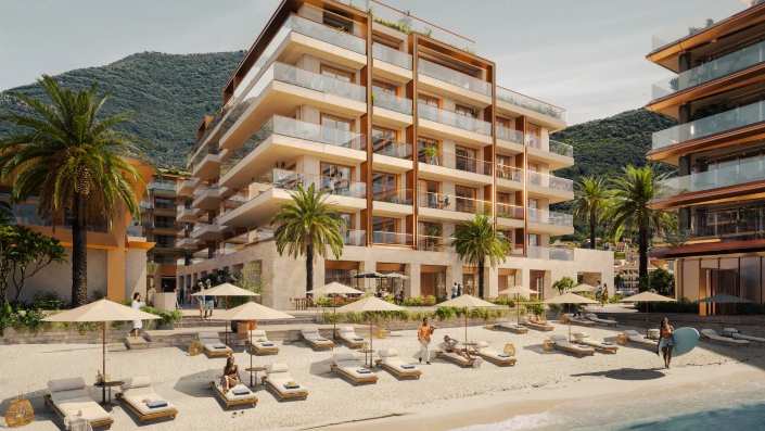 IVO Residences Aurora in Porto Montenegro, featuring luxurious waterfront living with a stunning private beach.