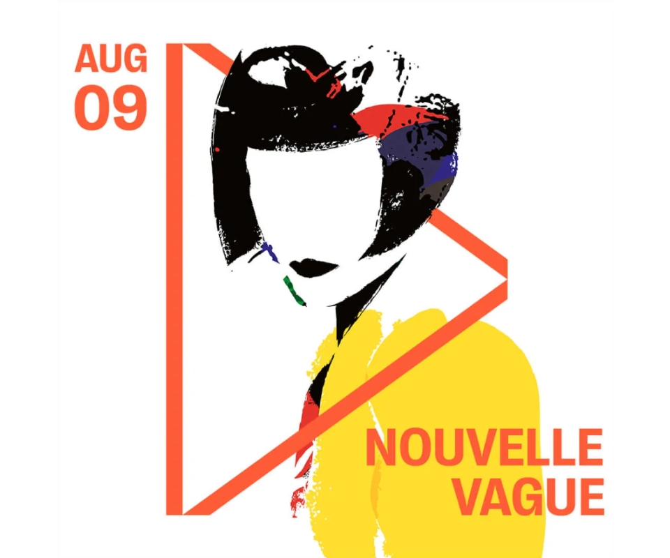 Poster for a Nouvelle Vague event on August 09, featuring a stylized, abstract illustration of a person with a black bob haircut and yellow outfit, with orange text and graphics overlaying the image.