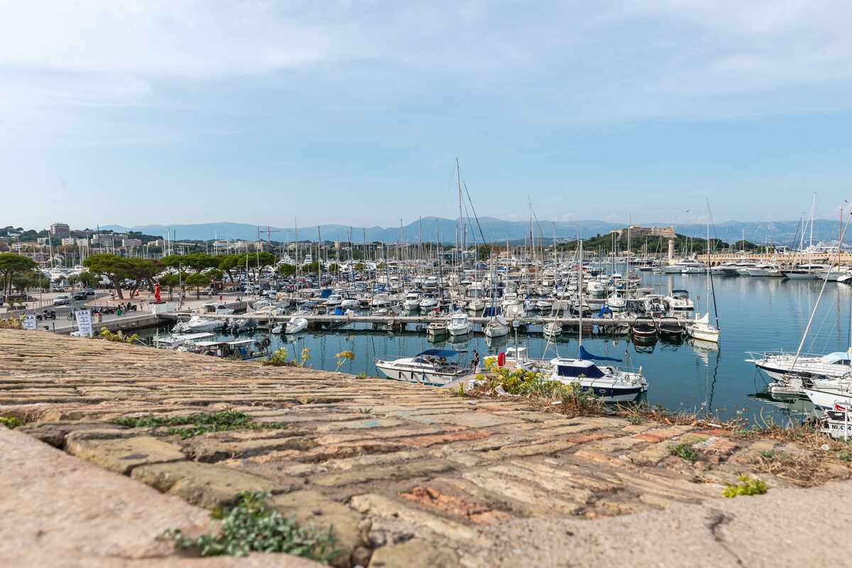 A view overlooking Port Vauban, with numerous moored boats and a backdrop of a town and distant mountains, under a clear blue sky.