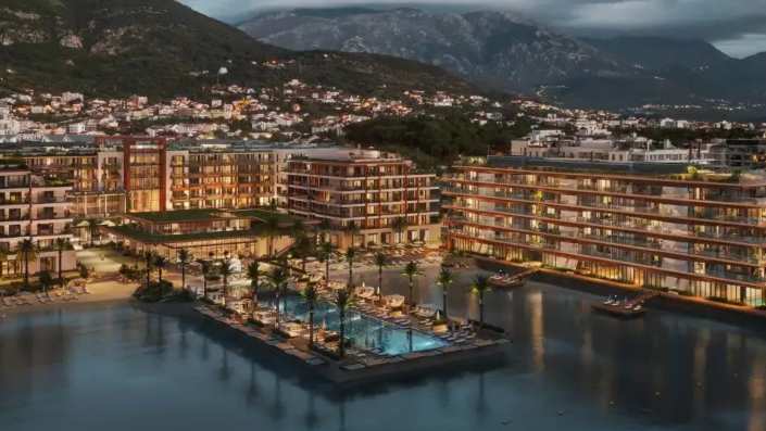 Scenic view of the luxurious Synchro Yards complex in Porto Montenegro, captured from a distance.