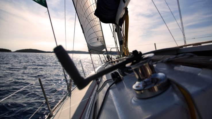 Sailing a yacht on the sea.