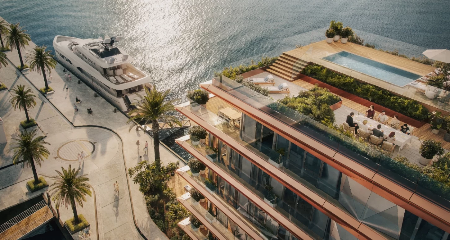 Exquisite AERIS residence in the new Synchro Yards neighborhood of Porto Montenegro, with an opulent waterfront view, showcasing a sleek yacht at the private dock, a lavish rooftop terrace complete with an infinity pool, elegant dining area, and lush, meticulously curated greenery.