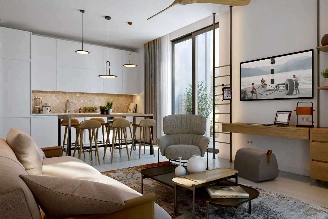 Modern living room with a couch, chair, TV, and connected kitchen area with bar stools.