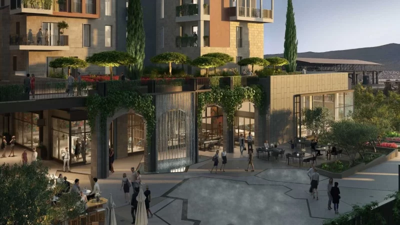 Modern urban plaza with people, shops, and greenery on terraces at dusk.