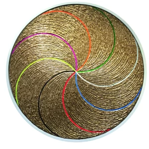 Circular artwork by Andrey Vereshchagin featuring golden spirals intersected by vibrant colored lines in red, green, blue, purple, and yellow.