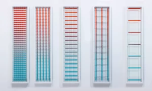 Five rectangular pieces of art by Aleksandar Ostojic, each featuring horizontal and vertical colored glass strips in shades of red, blue, and white, set within white wooden boxes. The number and color of pieces are variable.