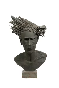 Bust sculpture by Rajko Susic with industrial elements protruding from the head.